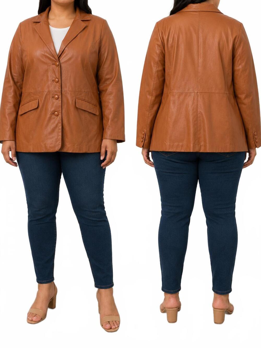 Terry Lewis Women's Genuine Leather Blazer Jacket Classic Cognac Brown Leather